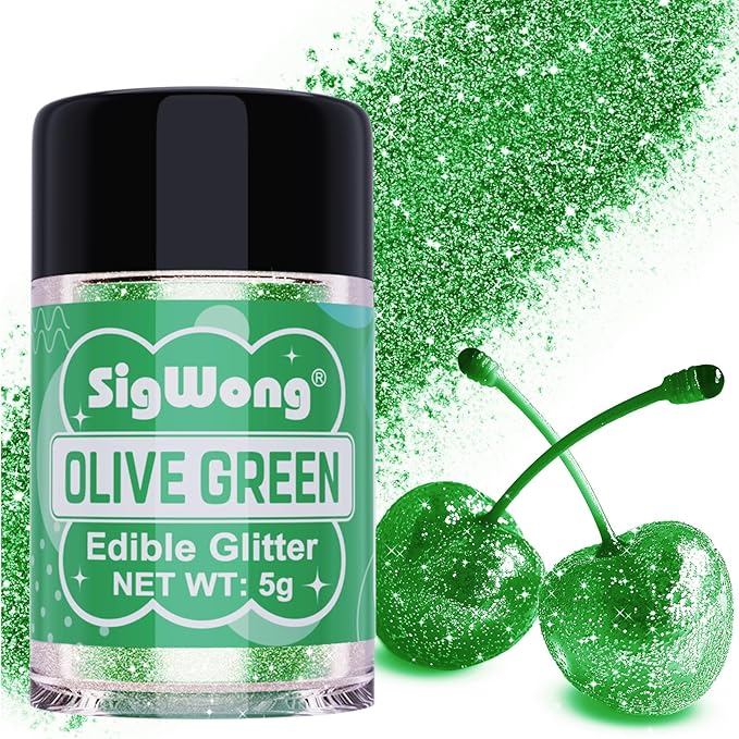 Olive Green Edible Glitter - 5g Food Grade Cake Decorating Shimmering Glitter, Edible Sprinkle Luster Dust for Drinks, Chocolates, Fondant, Strawberries, Cupcakes, Candy, Cookie - Vegan