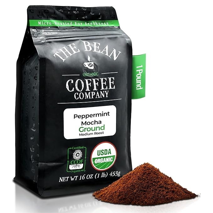 The Bean Organic Coffee Company Peppermint Mocha, Medium Roast, Ground Coffee, 16-Ounce Bag,Café molido tostado organico
