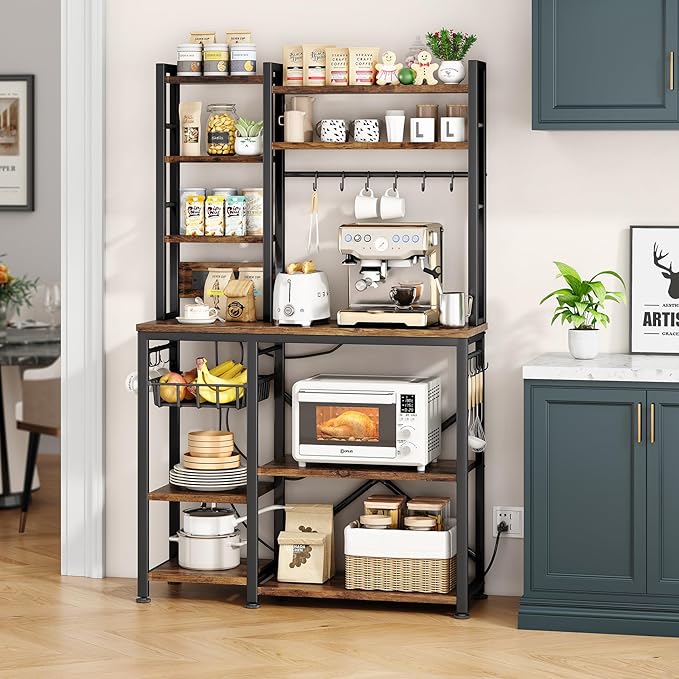 Baker Rack with Power Outlet - Microwave Stand with Storage, Large Coffee Bar Station with 14 Hooks, Metal Kitchen Shelf Rack for Spices, Pots (Rustic Brown)