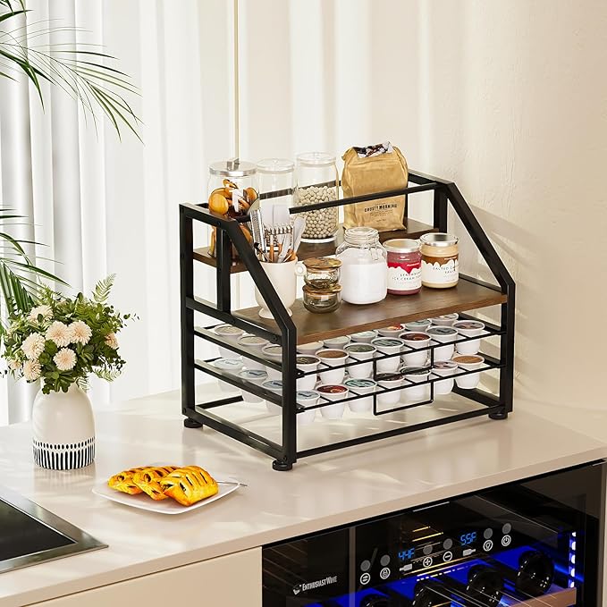 Coffee Pod Drawer Holder K-Cup Holder Drawer for 56 Coffee Pods Storage 4-Tier Coffee Pod Holder Organizer Coffee Station Organizer for Countertop Kitchen Office Coffee Bar Accessories