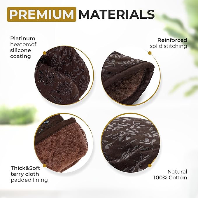 Premium Heat-Resistant Oven Mitts - Stylish and Beautiful - Non-Slip Platinum Silicone Grip - Long and Thick - 100% Natural Cotton Exterior and Soft Terry Cloth Lining - Set of 2 by Cook'n'Chic