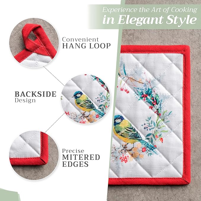 Maison d' Hermine 100% Cotton Oven Mitt & Pot Holder Set (7.5"x13" & 8"x8") Heat Resistant BBQ Cooking Gloves with Loop, Baking, Grilling, Kitchen, Handling Hot Pans (Morzine)