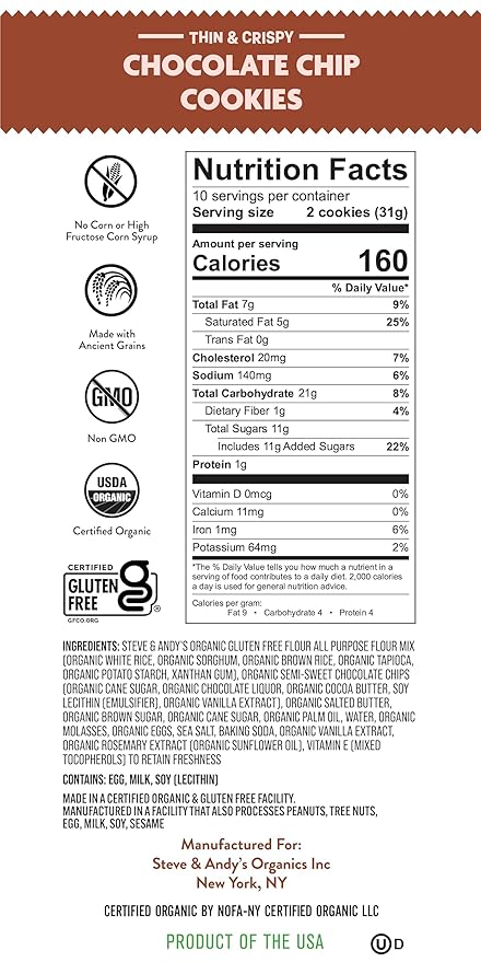 Steve & Andy’s Thin & Crispy Scrumptious Chocolate Chip Cookies – Organic, Gluten Free, Non-Gmo, Nut Free, Wheat Free, Soy Free - 6 Boxes, 33 Oz (60 Cookies)