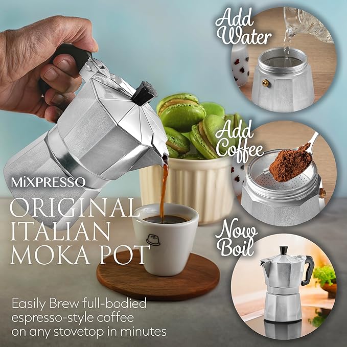 Mixpresso 3 Cup Moka Pot Cuban Coffee Maker, Moka Pot for Gas, Electric Stove Top, Classic Italian Coffee Maker, Stovetop Espresso Maker, Camping Pot Makes 3 Espresso Cup 5 Oz