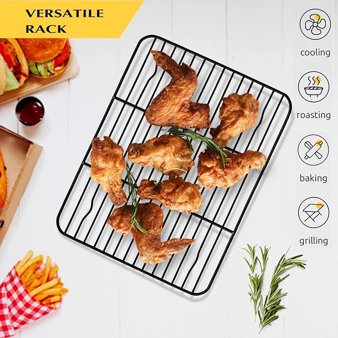 Small Baking Cooling Rack Set of 2, E-far Non-stick Toaster Oven Rack for Cooking Roasting Grilling Broiling Meat Bacon, 9.7” x 7.3” Metal Bakeable Wire Racks for Cookie Cake - Easy to Clean