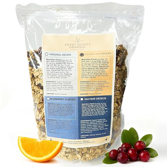 Sweet Diane’s Granola – Family Size (36 oz) Orange Cranberry Organic Granola, Low-Sugar, High-Fiber, Gluten-Free, Vegan, Delicious Breakfast and Snack Topper