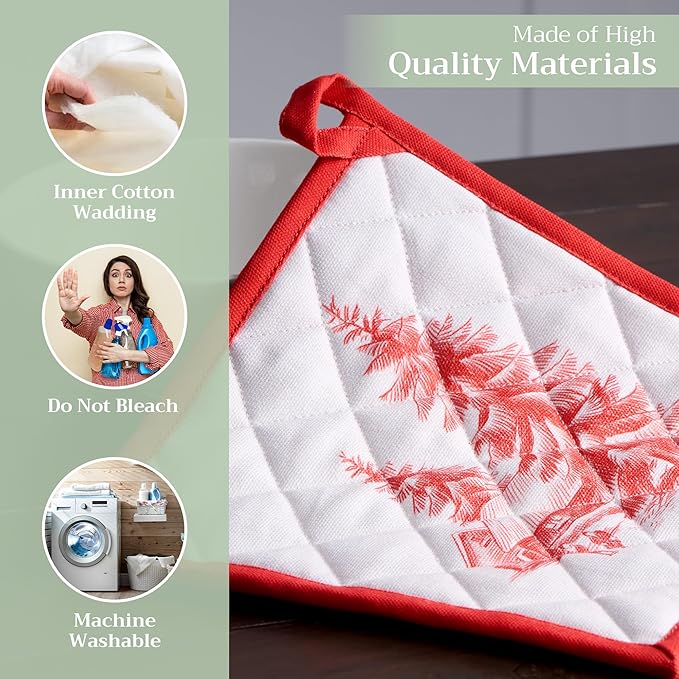 Maison d' Hermine Pot Holders 100% Cotton Heat Resistant Potholders 8" x 8" Hot Pads with Loop BBQ, Cooking, Baking, Grilling, Kitchen, Handling Hot Pans (Pack of 1, Winter Jouy)