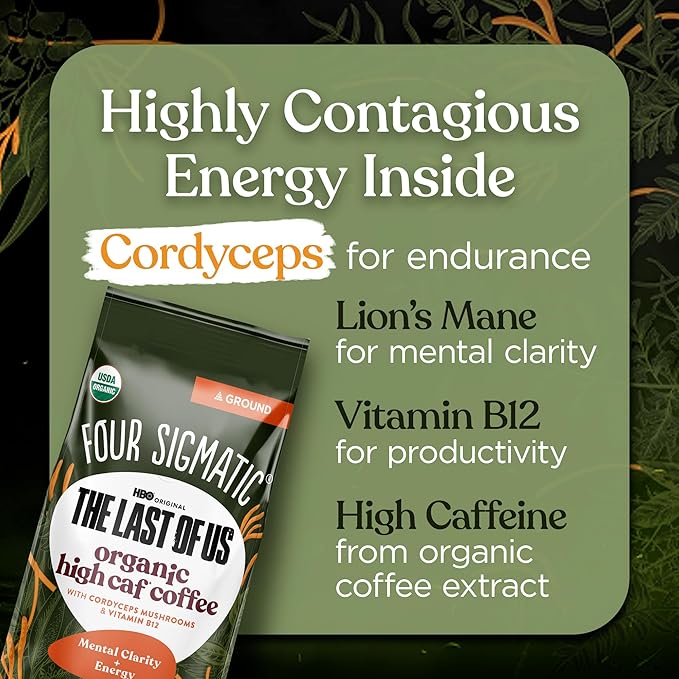 Four Sigmatic The Last of Us High Caffeine Cordyceps Coffee | Organic Dark Roast Extra Strong Ground Coffee with L-Theanine | Energy Booster Without the Jitters | 10oz Bag