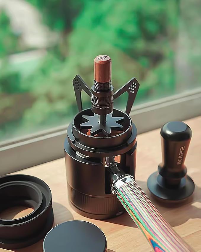 IKAPE Mantis WDT Distribution Tool, V3-58.5mm Espresso Stirrer Distribution Tool for Barista - 8 Needle Espresso Stirrer with Dosing Funnel & Stand, Adjustable Needle Height, Walnut Handle