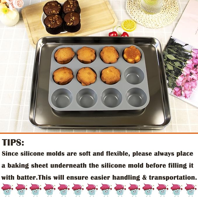 12 Cups Silicone Mini Muffin Pan Set, Nonstick Mini Cupcake Pans, BPA Free Small Muffin Tin for Baking, Set of 2 (Gray+Gray)