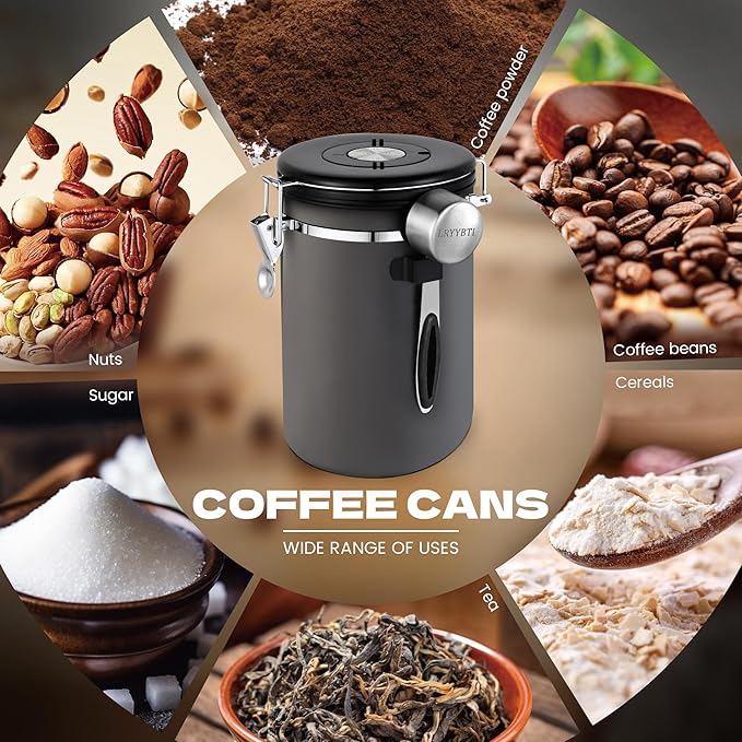 38oz Airtight Coffee Canister,Stainless Steel Coffee Bean Storage Container with Scoop Date Tracker & CO2 Release Valve for Beans, Grounds and more- Gray