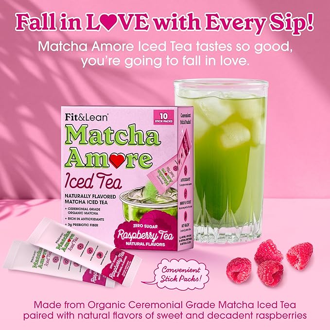 Fit & Lean Matcha Amore Iced Tea, Organic Ceremonial Grade Matcha Green Tea, Prebiotic Fiber, L-Theanine, Naturally Sweetened, NON-GMO, Zero Sugar, Raspberry Iced Tea, 10 Stick Packs