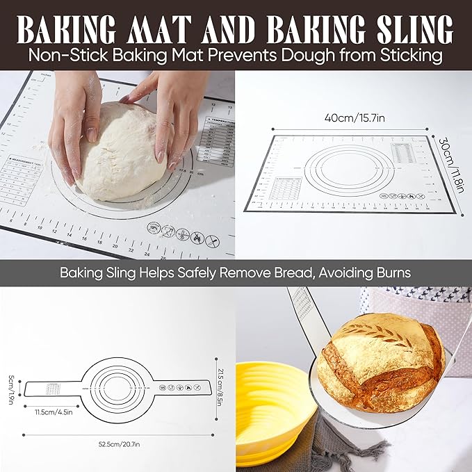 Sourdough Starter Kit with Jar – Complete Sourdough Bread Baking Supplies for Beginners, Includes 2 Silicone Proofing Baskets Baking Mat Sour Dough Kit - Yellow