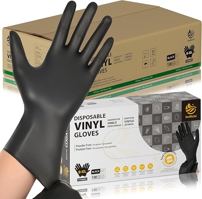 Black Vinyl Gloves, Food Grade Gloves Disposable Latex Free & Powder Free, Guantes for Cleaning Cooking Food Prep