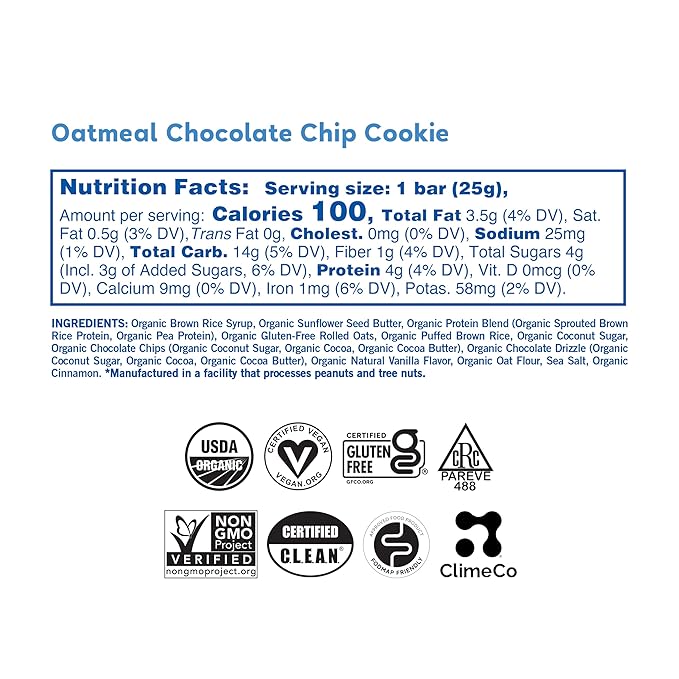 GoMacro Kids MacroBar Organic Vegan Snack Bars - Oatmeal Chocolate Chip Cookie (0.90 Ounce Bars, 7 Count)