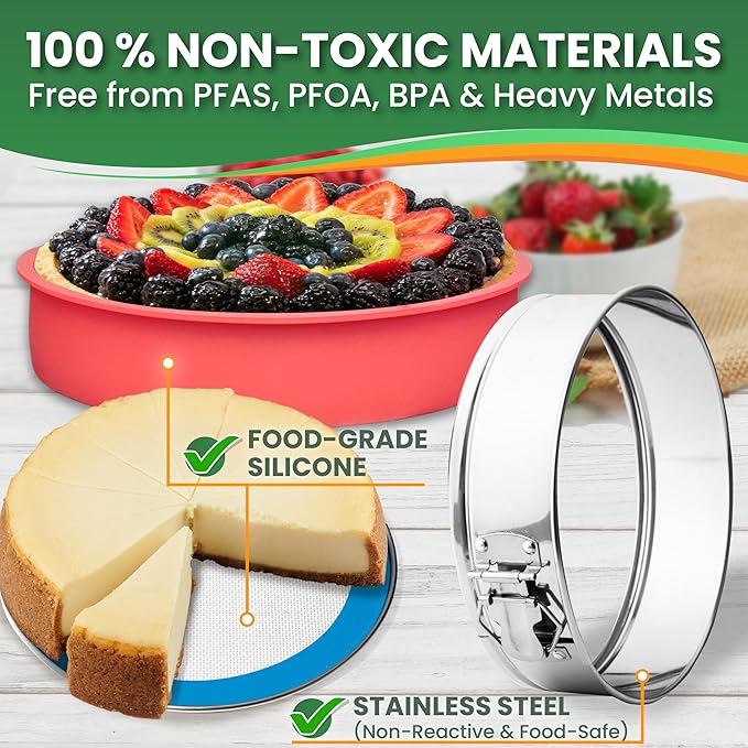 Cheese Cake Pans for Baking - NON TOXIC 9 Inch Spring Form Pan for Cheesecake with LEAKPROOF SILICONE PROTECTOR - STAINLESS STEEL 9 Inch Springform Pan for Cheesecake WATER BATH
