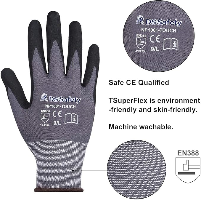 NP1001 Safety Work Gloves Comfort Stretch Fit Power Grip Smart Touch Durable Foam Coated