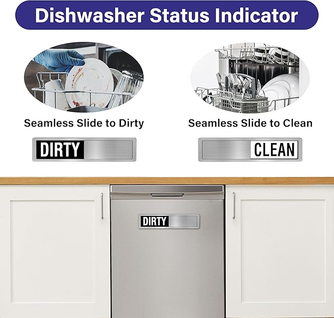 Dishwasher Clean Dirty Sign-Dishwasher Magnet Stainless Steel Clean Dirty Sign for Kitchen Organization Farmhouse Dishwasher Slide Indicator, Optional Adhesive Stickers