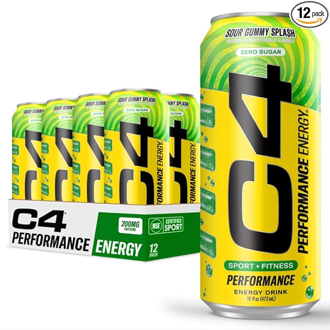Cellucor C4 Energy Carbonated Zero Sugar Energy Drink, Pre Workout Drink + Beta Alanine, Sour Gummy Splash, 16 Fl Oz (Pack of 12)