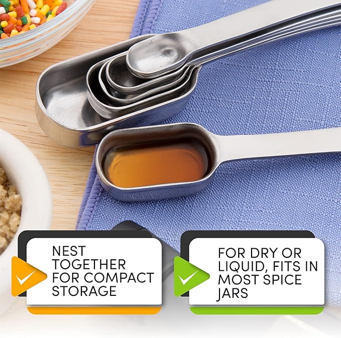 Spring Chef Stainless Steel Measuring Spoons Set of 7 with Leveler, Rectangular Metal Teaspoon & Tablespoon Measuring Spoons for Dry & Liquid Ingredients - Nesting Kitchen Gadgets For Baking & Cooking