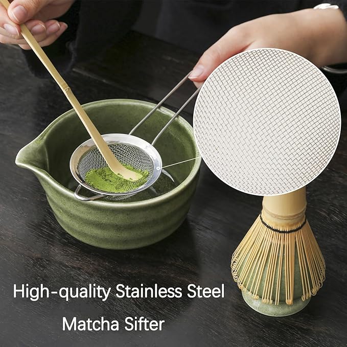 Matcha Whisk Set, Matcha Bowl with Spout, Matcha Whisk and Holder, Bamboo Matcha Scoop and Stainless Sifter - 5 Pcs Jade Green Matcha Kit for Matcha Lover