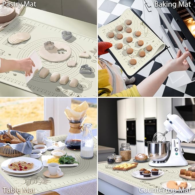 Silicone Baking Mat 32" x 24", Extra Thick Silicone Pastry Mat with Measurements and Edge Heightening, Non-stick Food Grade Dough Rolling Matfor for Pastry, Bread, Cookies, Pizza, Fondant, Pasta
