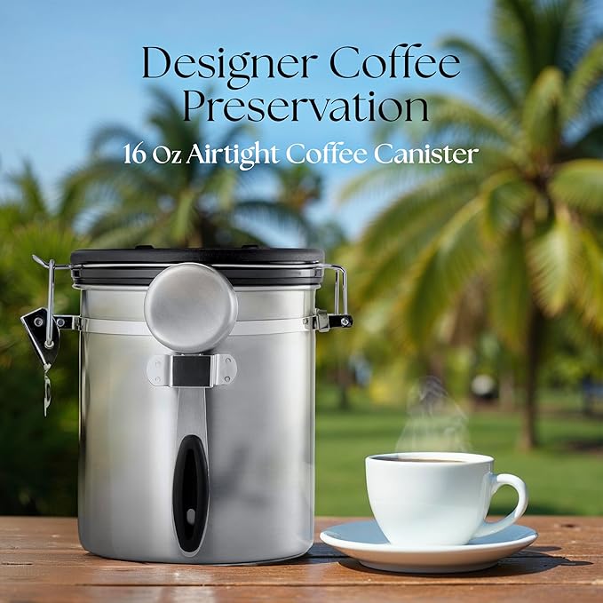 Mixpresso 16 Oz Coffee Canister with Window, Stainless Steel Airtight Coffee Container & scoop, Jar Tea Storage with Date Tracker, Vacuum Sealed Espresso Airtight Canister, Sugar Container