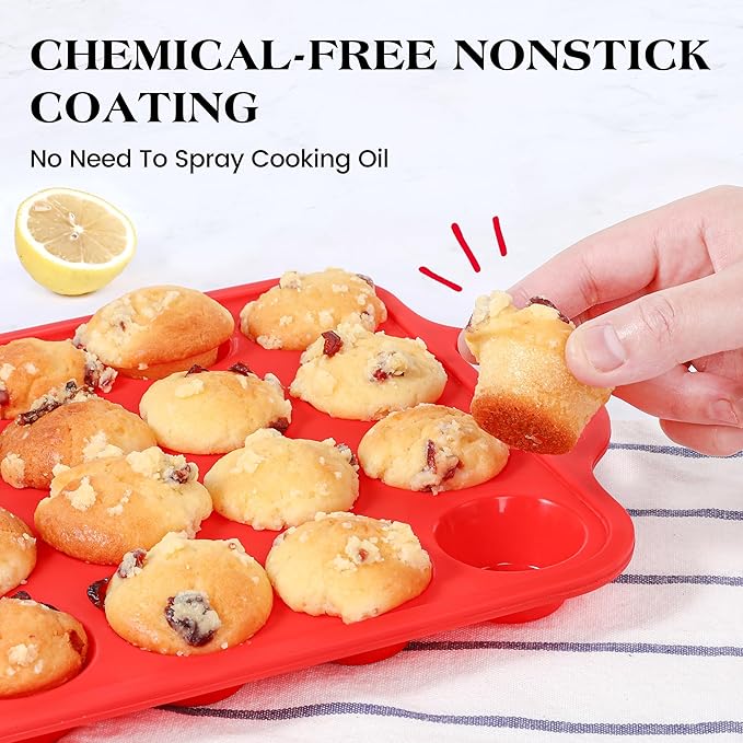 Silicone Mini Muffin Pan With Stainless Steel Reinforced Frame 24 Cups Nonstick Cupcake Molds for Baking Silicone Muffin Tray with Handles(1 Pc, Red)