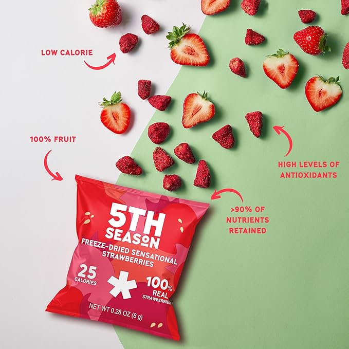 5th Season Freeze Dried Fruit Snacks Variety Pack - 100% 2 count Strawberries, 2 count Fruit Salad, 1 count Mango & Raspberries (5 Pack, 80g each)