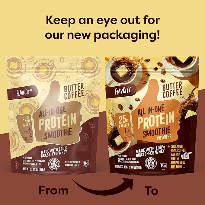 FlavCity Grass Fed Whey Protein Powder - Butter Coffee - 25g Protein, 10g Collagen & 87mg Caffeine - Made with Organic Reishi & Cordyceps - Gluten Free & No Added Sugars (20 Servings)
