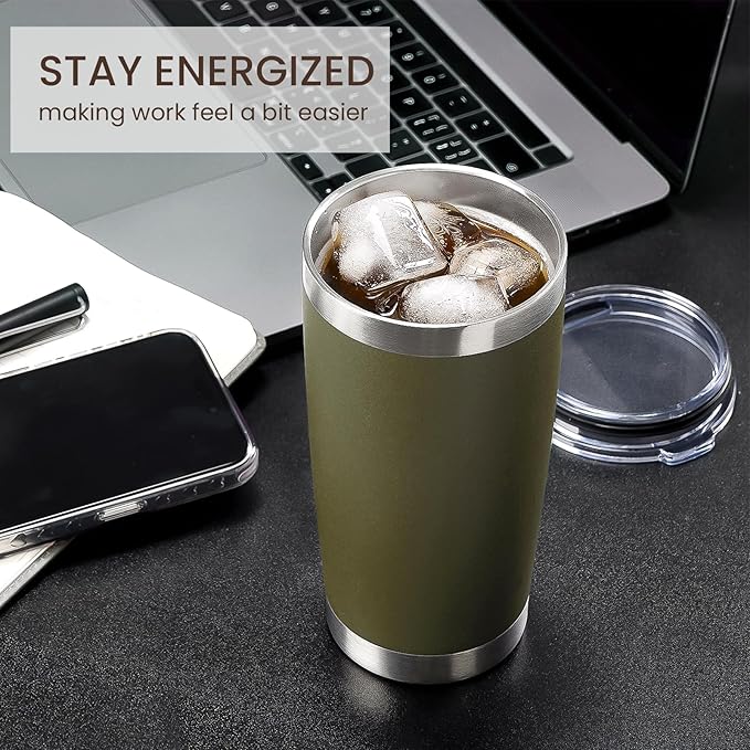 MEWAY 20oz Tumbler 8 Pack Double Wall Vacuum Insulated Travel Mug Bulk, Stainless Steel Tumblers with Lid and Straw, Durable Powder Coated Coffee Cups for Cold & Hot Drinks (Army Green, 8)