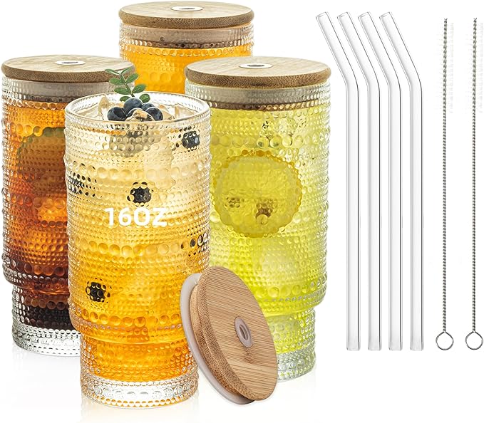 Romantic Highball Drinking Glasses Set of 4, Beaded Glassware, 16oz XL Hobnail Glassware, Vintage Glassware Set, Embossed Vintage Drinking Glasses for Beer, Cocktail, Soda (4PCS-16oz with lid)