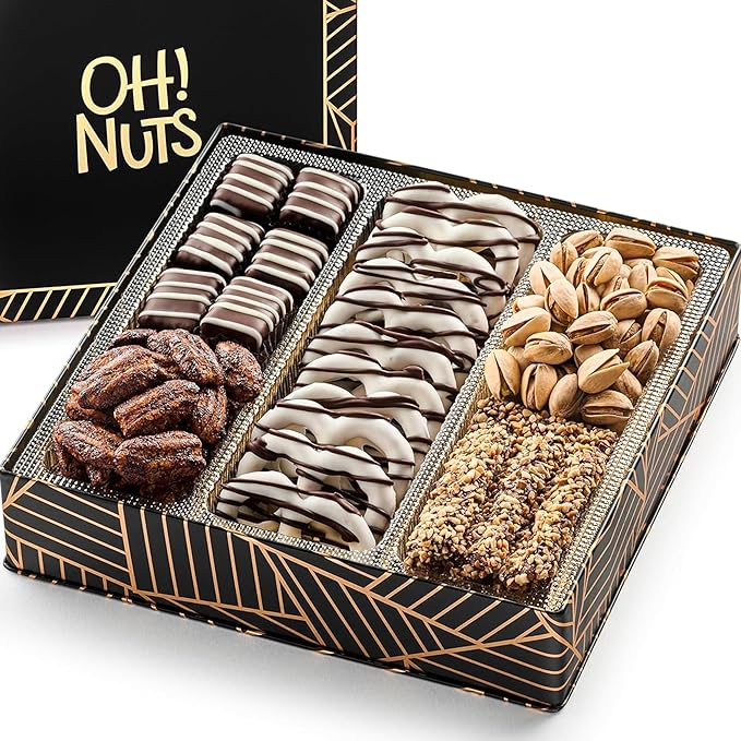 Oh! Nuts Chocolate and Nuts Gift Basket - Gourmet Truffles & Chocolates Pretzels - Assorted Nut Gift Square Metal Tin Box - Healthy Food Gifts Baskets for Holiday, Birthday, Corporate, Women & Men