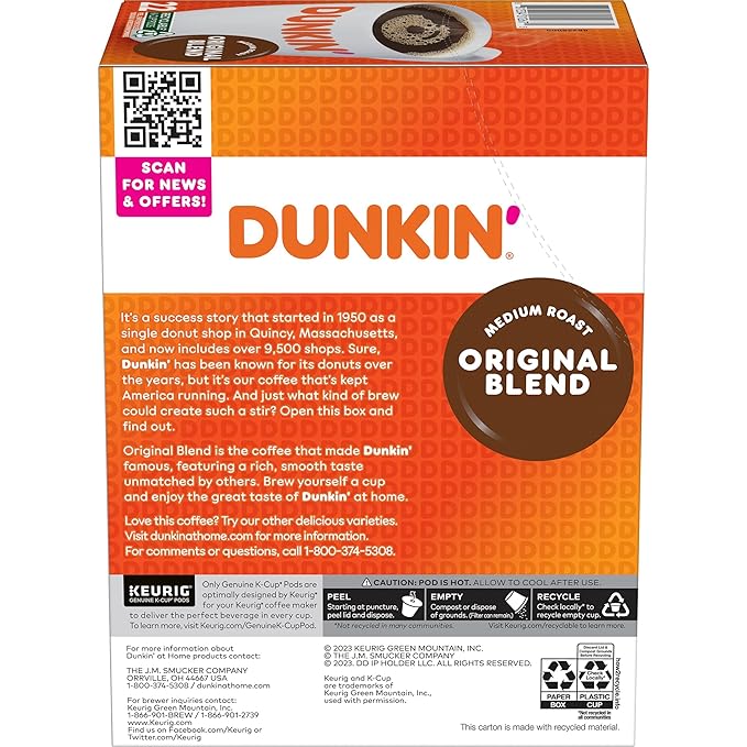 Dunkin' Original Blend Coffee, Medium Roast, K-Cup Pods, 22 Count Boxes (Pack of 4)