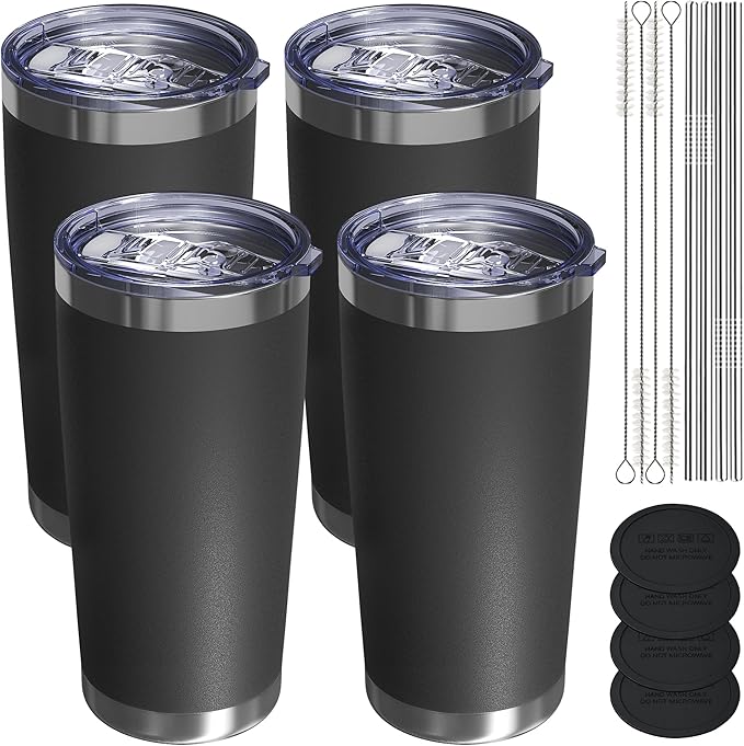 Travel Coffee Tumbler 20oz, 4 Pack Leakproof Travel Coffee Mug with Lid and Straw, Stainless Steel Double Wall Vacuum Insulated Tumbler for Hot/Iced Drinks (Textured Matte, Black)