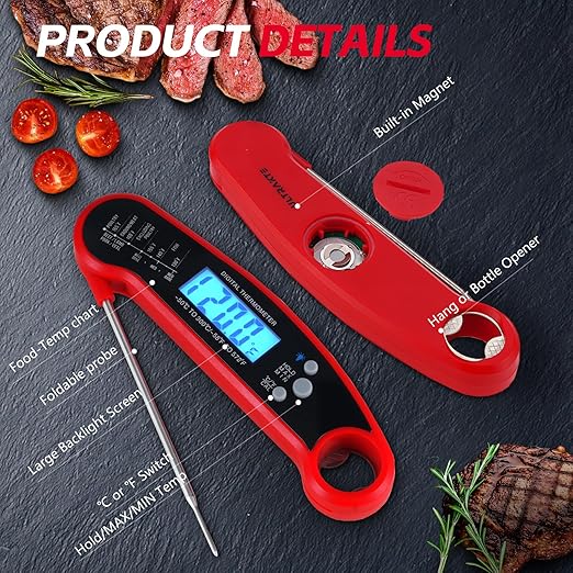 Meat Thermometer Digital, ULTRAKTE Instant Read Food Thermometer with Backlight & Calibration, Waterproof Ultra-Fast Cooking Thermometer with Foldable Probe for Kitchen, Grill, Deep Fry, BBQ, Candy