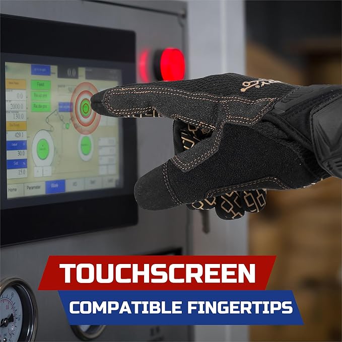 HANDLANDY Mens Work Gloves Touch screen, Utility Mechanic Gloves, Flexible Breathable Fit- Padded Knuckles & Palm