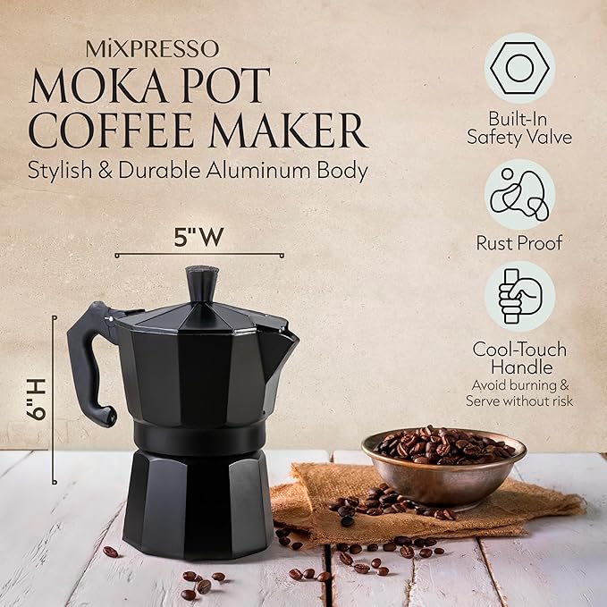 Mixpresso Black 3 Cup Moka Pot Cuban Coffee Maker, Moka Pot for Gas, Electric Stove Top, Classic Italian Coffee Maker, Stovetop Espresso Maker, Camping Pot Makes 3 Espresso Cup 5 Oz - Mug 4.4 Oz
