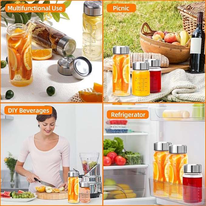 Glass Juice Bottles 16 oz - Wide Mouth Glass Water Bottles with Lids and Sleeve- for Juicing, Smoothies, Milk, Protein, Reusable, Stainless Steel Lids, Leak Proof, Shaker bottle (16oz/500ml)