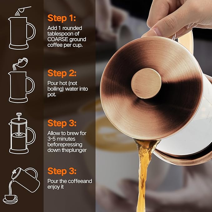 34 Ounce French Press Coffee Maker, 5-Cup Espresso Coffee Maker, Copper Cold Brew Heat Resistant Thickened Borosilicate Coffee Pot with 4 Stainless Steel Filter Screens