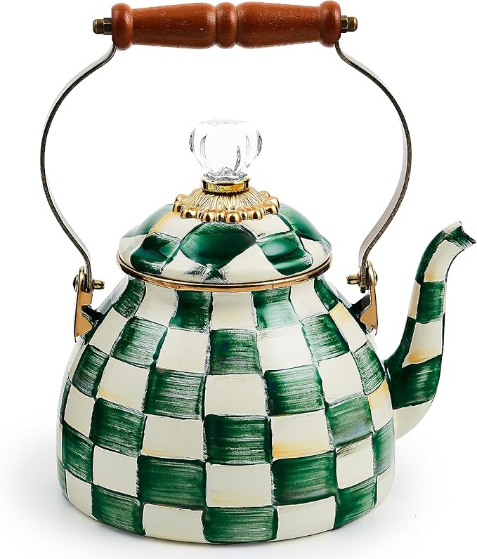 MACKENZIE-CHILDS Enamel Tea Kettle, Stylish Tea Kettle for Stovetop, Green-and-White Emerald Check, 2 Quarts