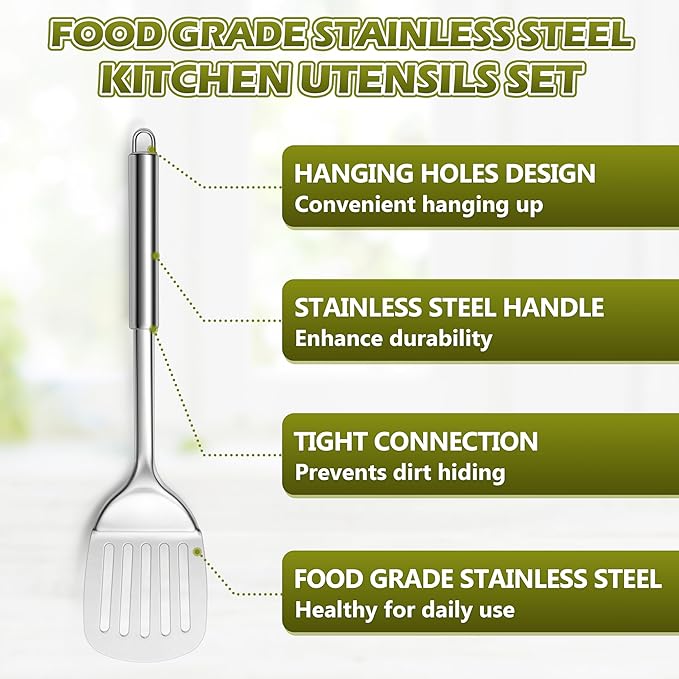 E-far Cooking Utensils Set, 10-Piece Stainless Steel Kitchen Utensils with Holder, Metal Heat Resistant Kitchen Cookware Tool Spatula Set for Cooking, Easy Clean & Dishwasher Safe