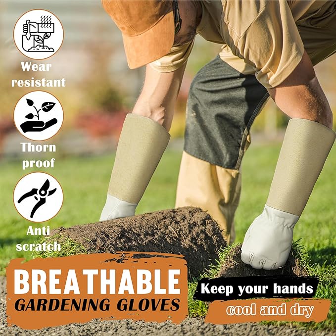 HANDLANDY Pruning Gloves Long for Men & Women, Pigskin Leather Rose Gardening Gloves- Breathable & Durability Gauntlet Glove (Small, Beige)