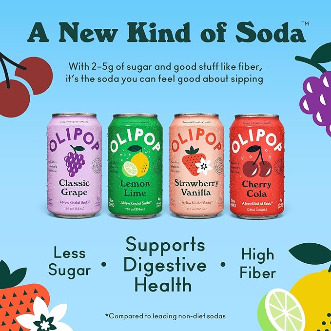 OLIPOP Prebiotic Soda Pop, Fruity Fun Variety, Pantry Pack Packed with Prebiotics, Fiber, and Botanicals, Gluten Free, Vegan, GMO Free, 12oz (12-Cans)