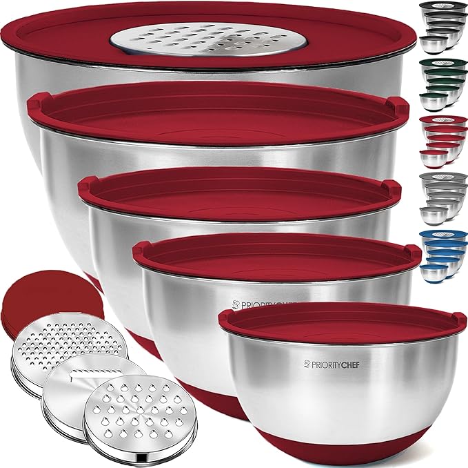 Priority Chef Stainless Steel Mixing Bowls with Lids Set, 3 Grater Attachments, Airtight Lids, Non-Slip Silicone Base Mixing Bowl Set, Large Prep Metal Mixing Bowls for Kitchen, Red