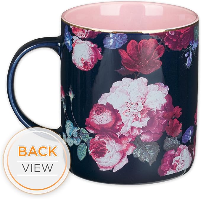 Christian Art Gifts Large Ceramic Inspirational Scripture Coffee & Tea Mug for Women: Be Still & Know Encouraging Gold Bible Verse, Lead/Cadmium Free Cute Drinkware, Dark Navy Blue/Pink Floral, 14 oz.
