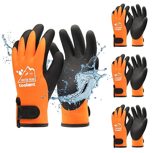 toolant 100% Waterproof Gloves Bulk Pack, 3 Pairs, Winter Work Gloves for Cold Weather, Touchsreen, Warm Freezer Gloves, Thermal Insulated, With Grip, Orange, Small