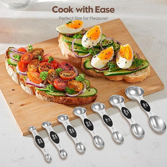 Magnetic Measuring Spoons Set of 8 | Heavy Duty 304 Stainless Steel, Triple Measurement Markings, Strong N52 Magnets, Easy to Clean, Space-Saving with Leveler Included (Black)