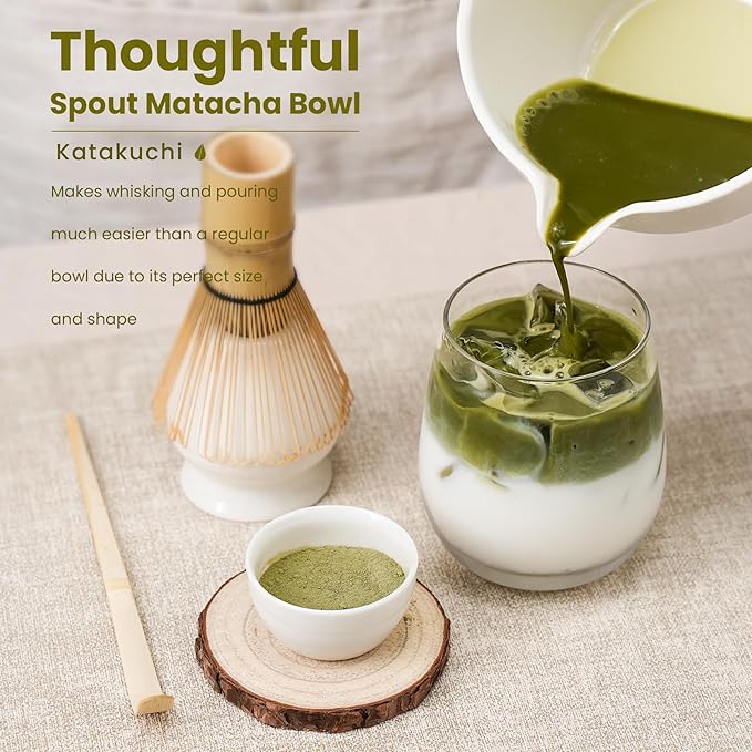 Matcha Whisk Set, Handcrafted Bamboo Chasen & Ceramic Bowl Matcha Kit, Complete 5 Pcs Matcha Set Whisk and Bowl W/Stainless Steel Sifter, Bamboo Scoop & Holder for Matcha Tea Ceremony (White)