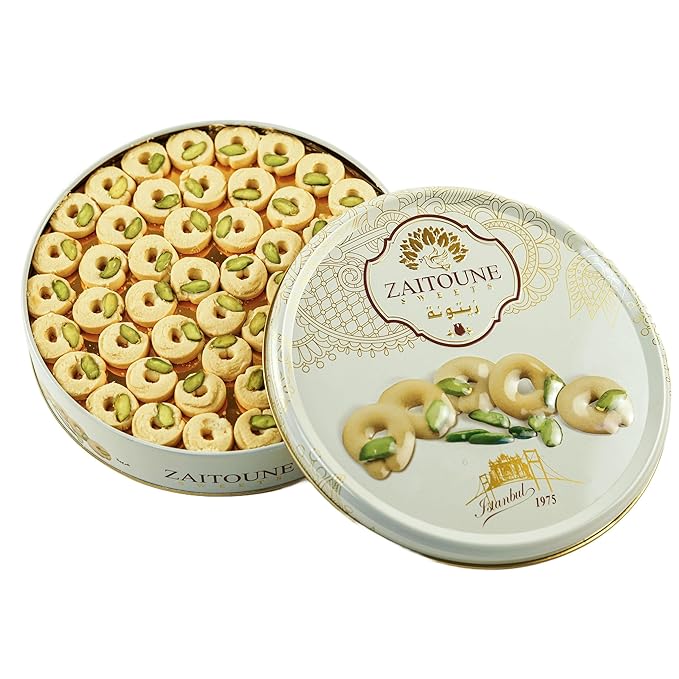 Zaitoune Ghraybeh Cookies - 1.1 lb | Luxurious Traditional Middle Eastern Pistachio Shortbreads Handcrafted in Turkey | Beautiful Reusable Gift Tin | Perfect for Dessert | Great Sharing Present